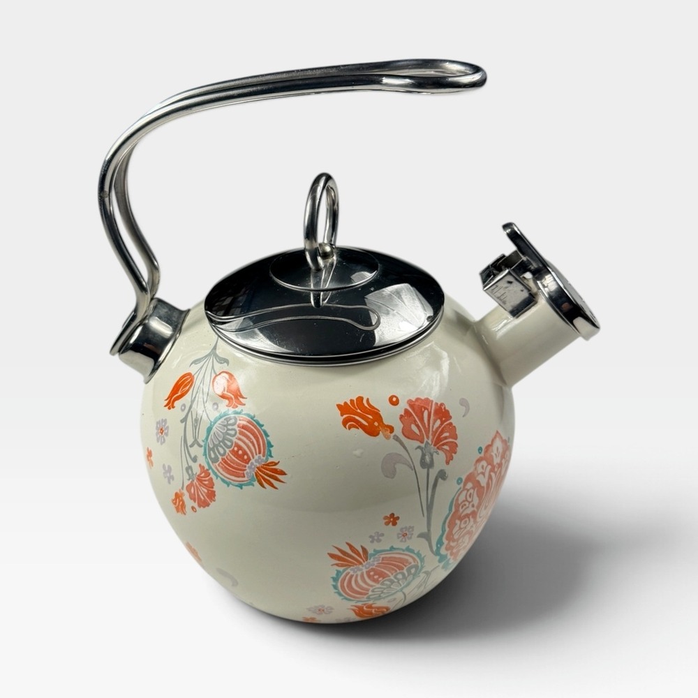 World Market Floral Tea Kettle Whistling Enamel Cream Orange Blue Excellent